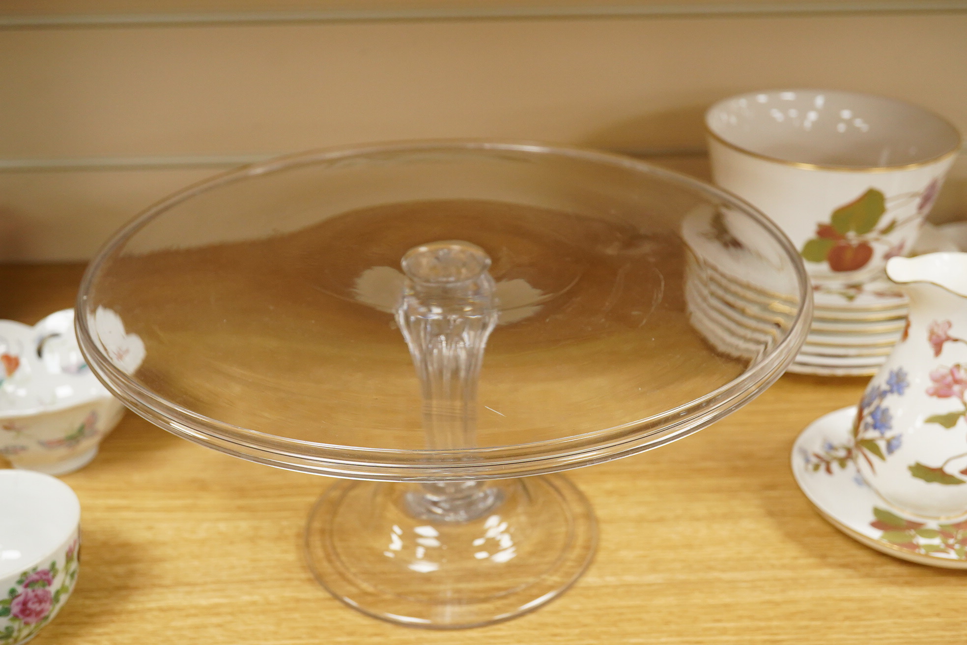 A late 18th century glass tazza, circa 1780, with a ‘’Silesian’’ stem, on a domed and folded foot, 14.5cm high x 30.5cm diameter